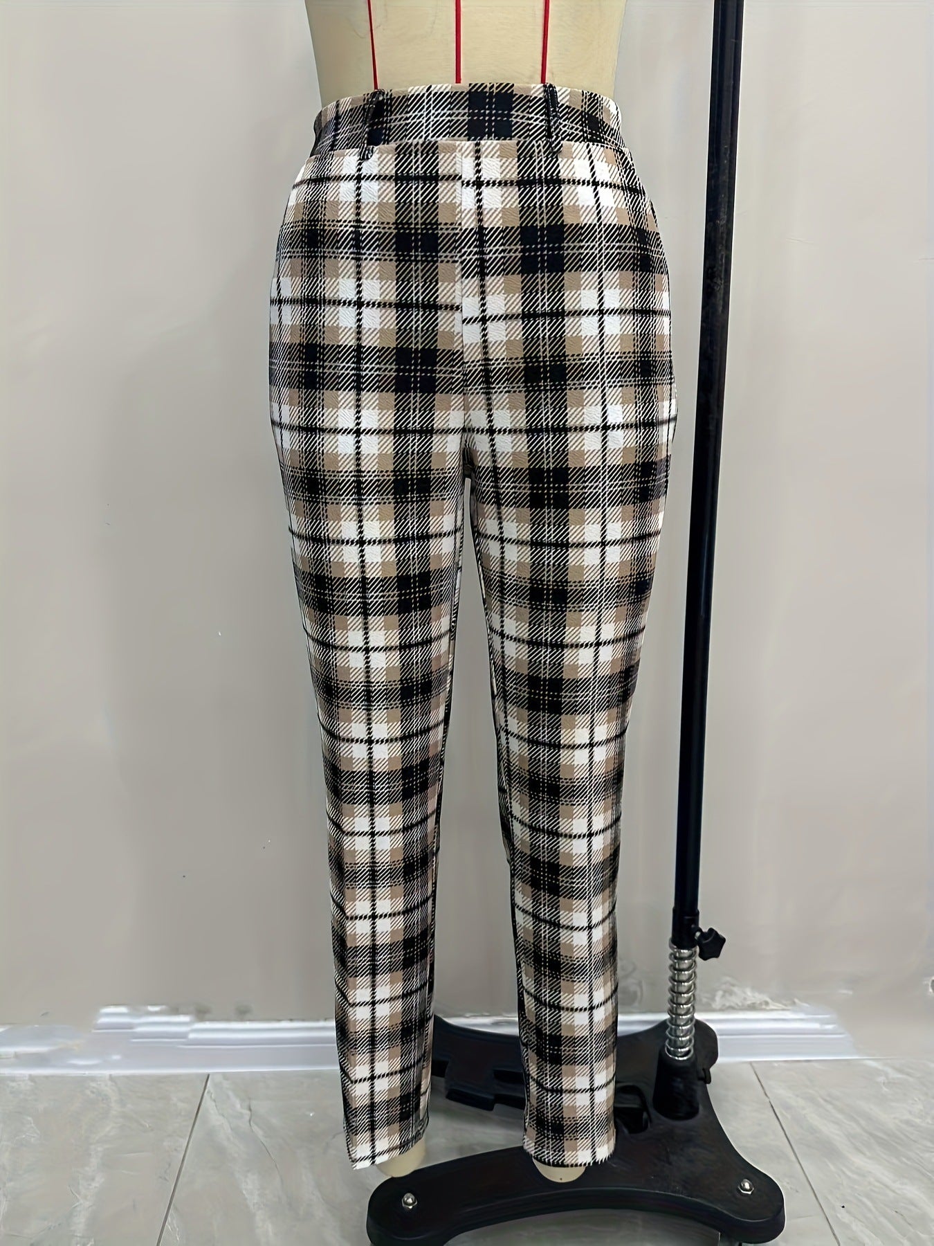 Plaid Cropped Trousers with High Elastic Waist