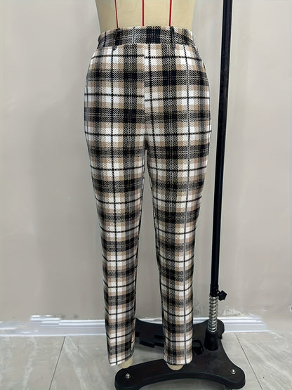 Plaid Cropped Trousers with High Elastic Waist
