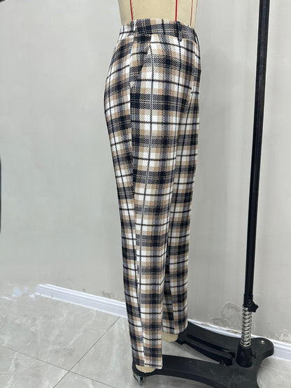 Plaid Cropped Trousers with High Elastic Waist