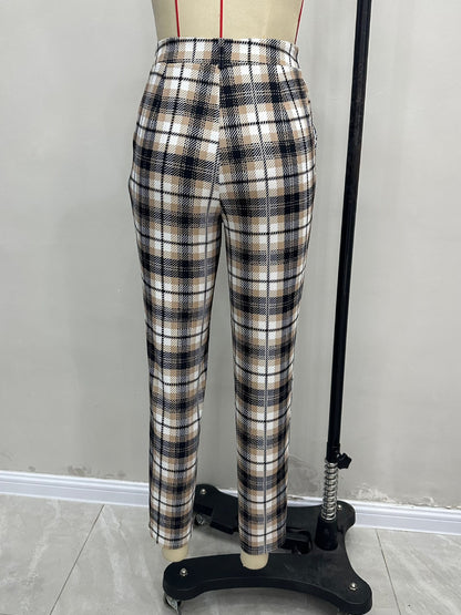 Plaid Cropped Trousers with High Elastic Waist