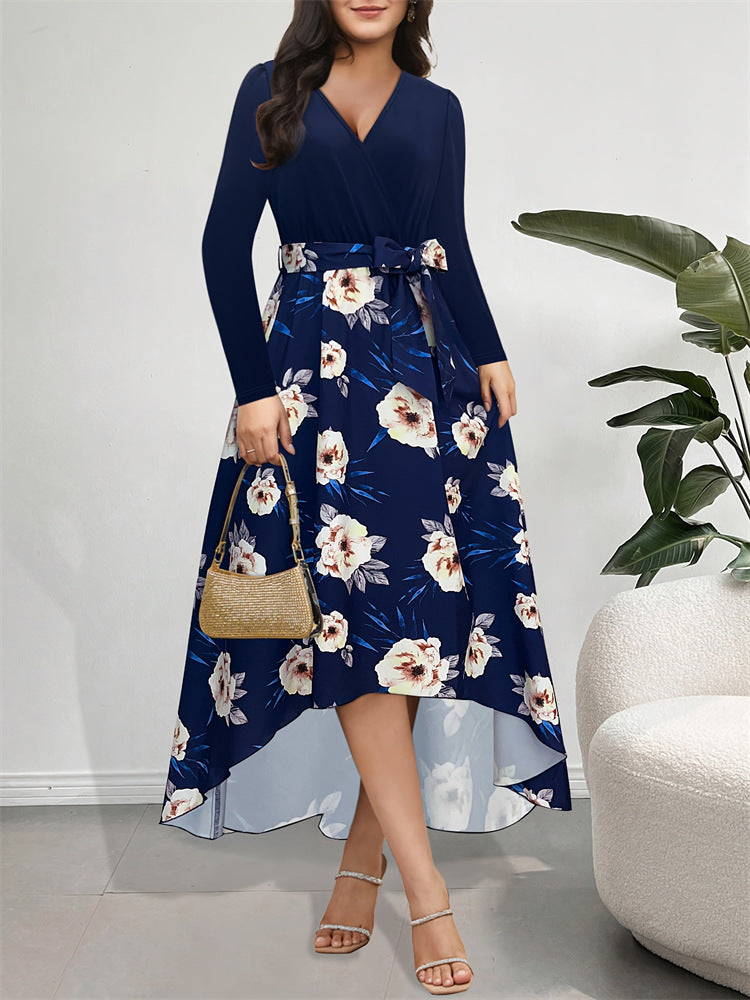 Spliced Floral A-Line Dress with V-Neck and Irregular Hem