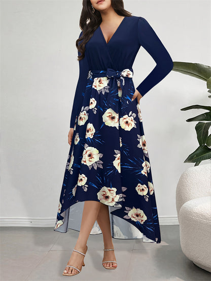 Spliced Floral A-Line Dress with V-Neck and Irregular Hem