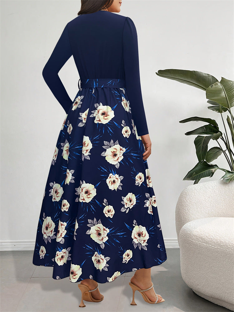 Spliced Floral A-Line Dress with V-Neck and Irregular Hem