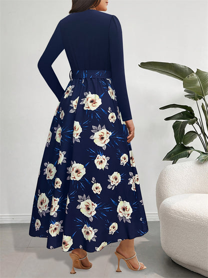Spliced Floral A-Line Dress with V-Neck and Irregular Hem