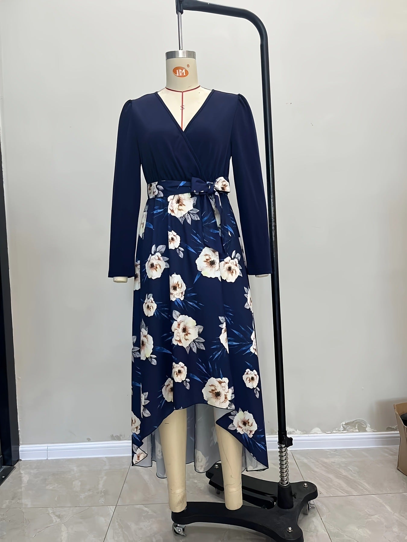 Spliced Floral A-Line Dress with V-Neck and Irregular Hem