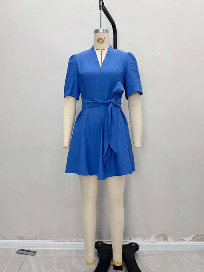 Royal Blue A-Line Mini Dress with V-Neck and Tie Belt