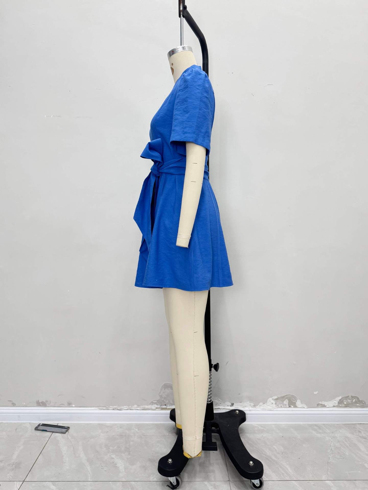 Royal Blue A-Line Mini Dress with V-Neck and Tie Belt
