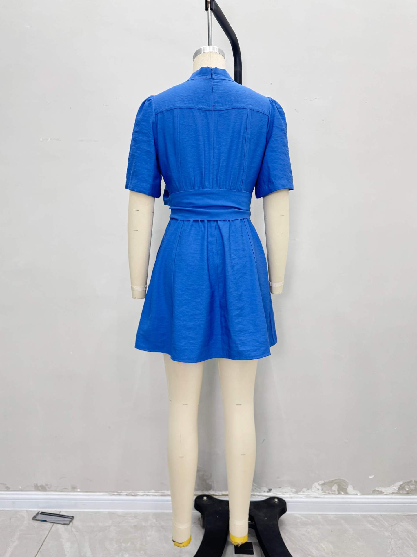 Royal Blue A-Line Mini Dress with V-Neck and Tie Belt