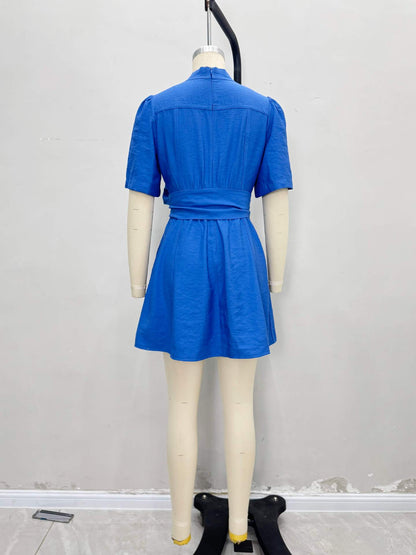 Royal Blue A-Line Mini Dress with V-Neck and Tie Belt