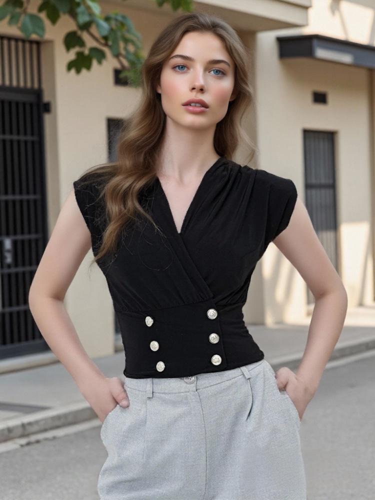 Solid Wrap Top with V-Neck and Buttoned Waist