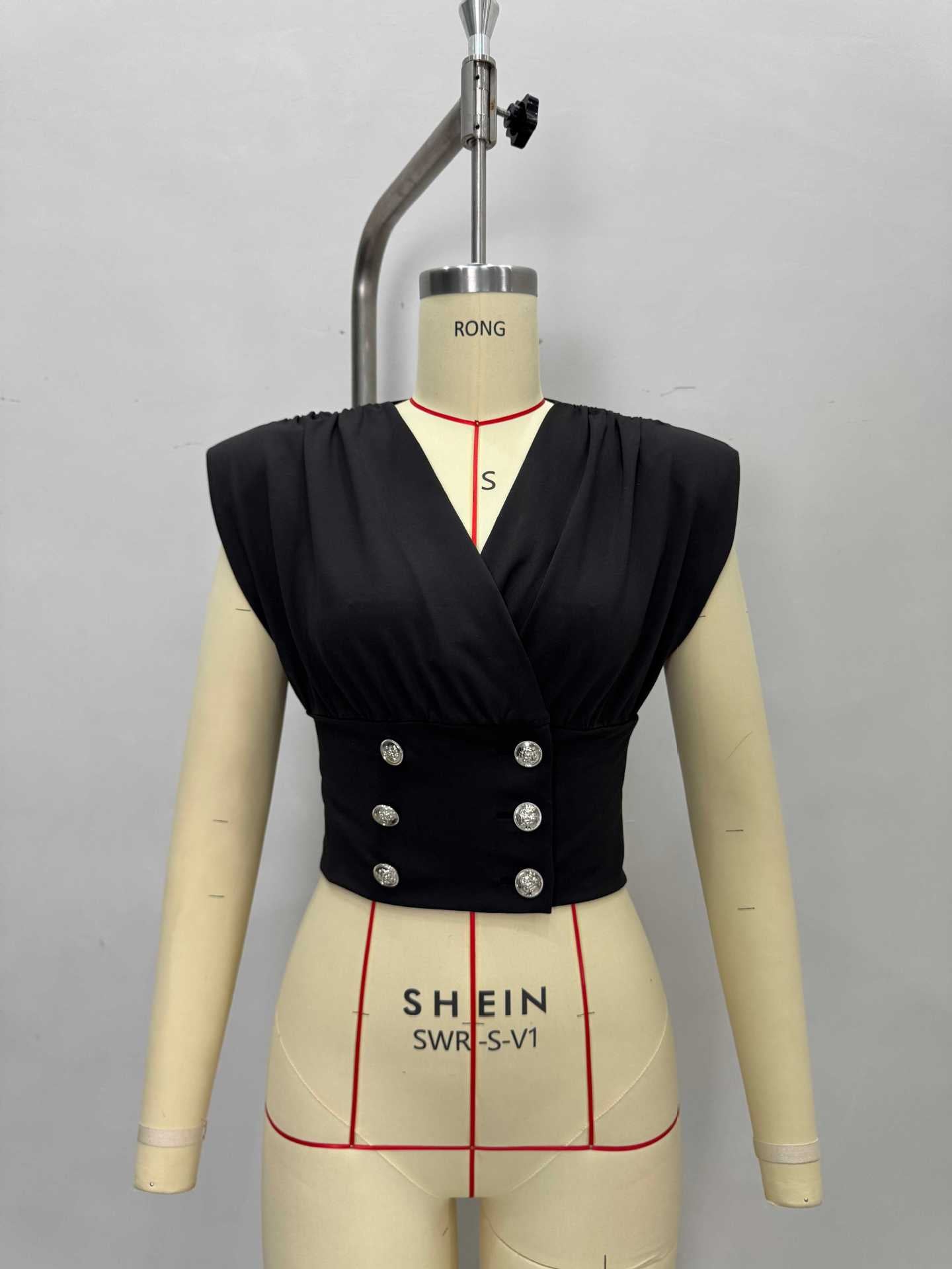 Solid Wrap Top with V-Neck and Buttoned Waist