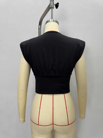Solid Wrap Top with V-Neck and Buttoned Waist