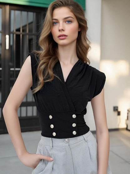 Solid Wrap Top with V-Neck and Buttoned Waist