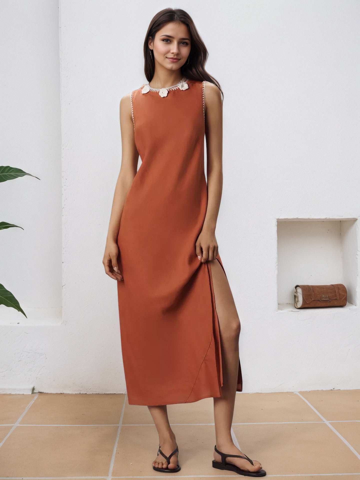 Floral Appliqué Open Back Midi Dress with Side Slit