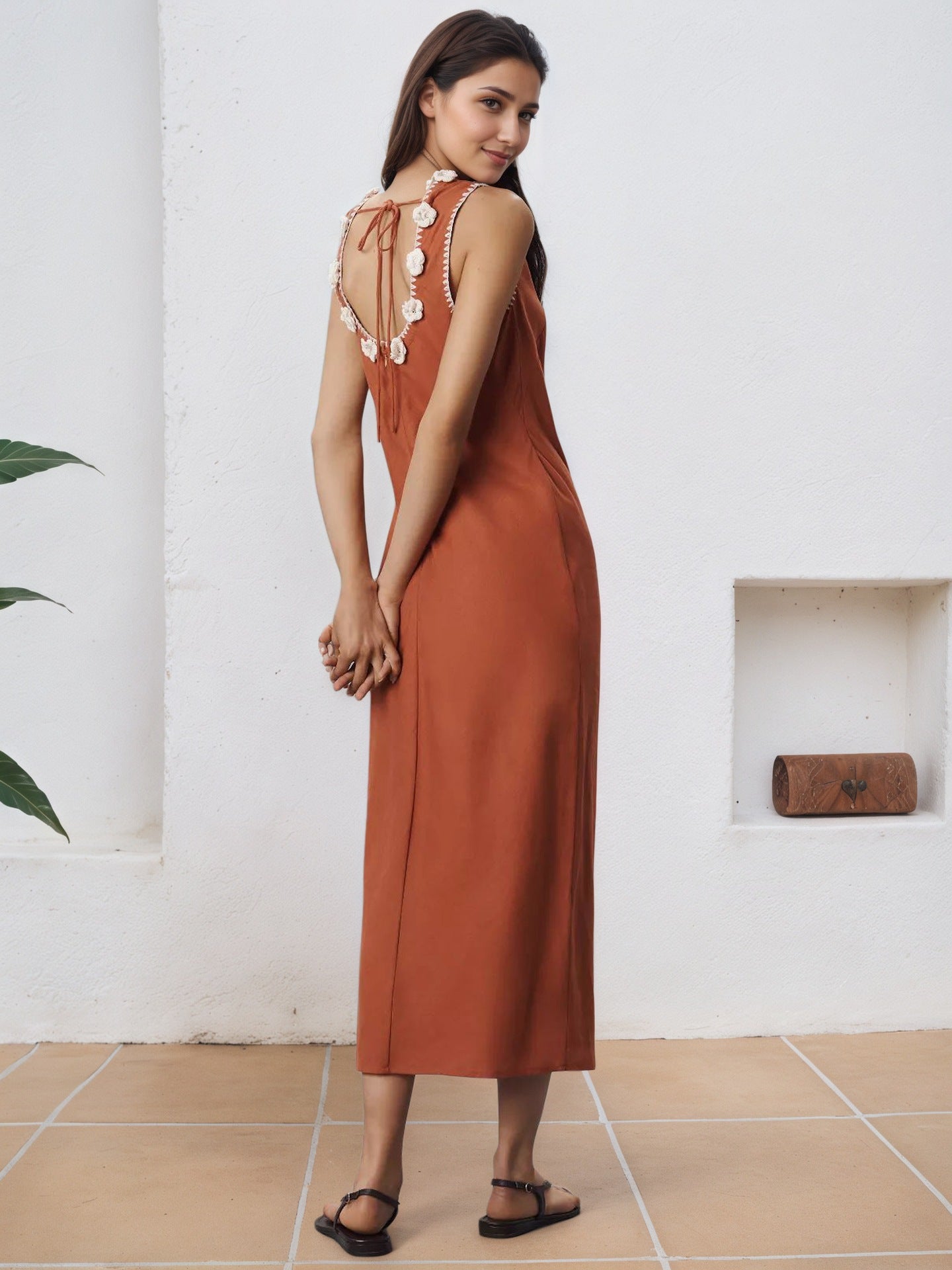 Floral Appliqué Open Back Midi Dress with Side Slit