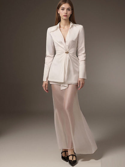 Satin V-Neck Blouse with Wrapped Waist and Buckle