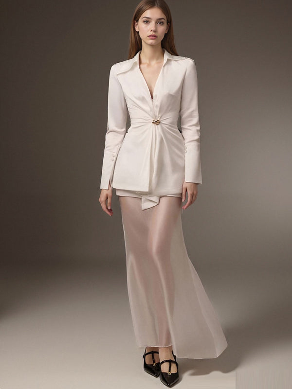 Satin V-Neck Blouse with Wrapped Waist and Buckle