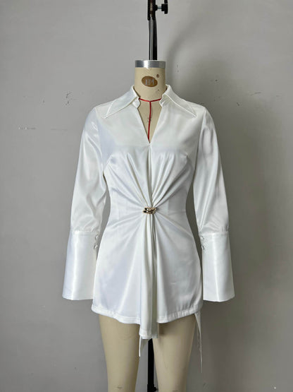 Satin V-Neck Blouse with Wrapped Waist and Buckle