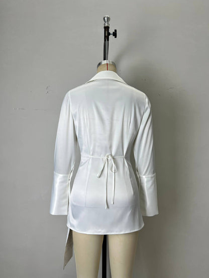 Satin V-Neck Blouse with Wrapped Waist and Buckle