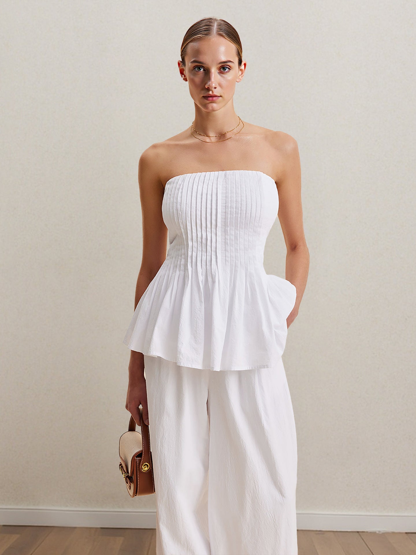 Strapless Pleated Peplum Top and Wide-Leg Trousers Suit
