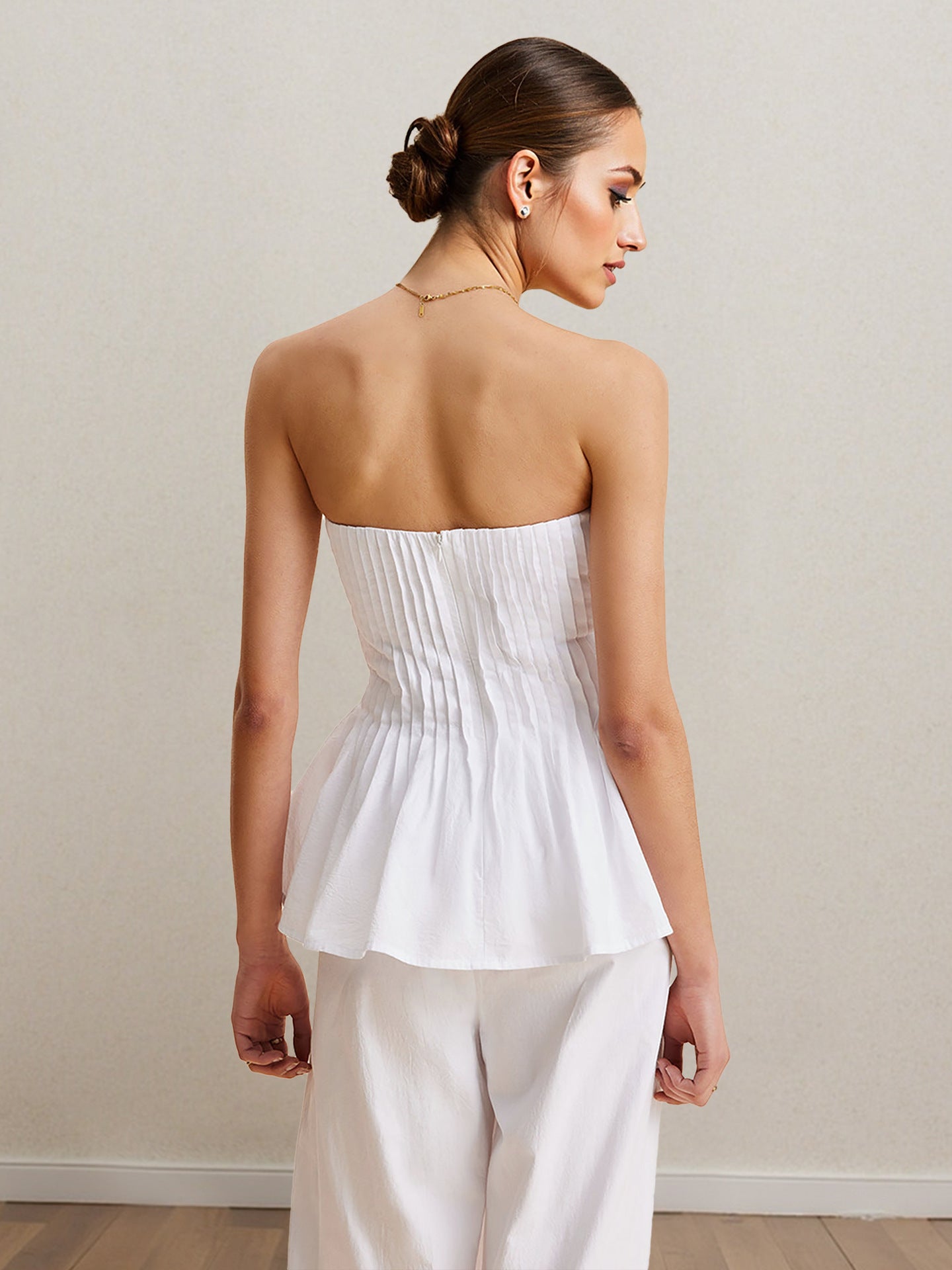 Strapless Pleated Peplum Top and Wide-Leg Trousers Suit