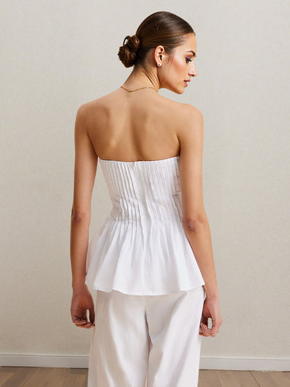 Strapless Pleated Peplum Top and Wide-Leg Trousers Suit