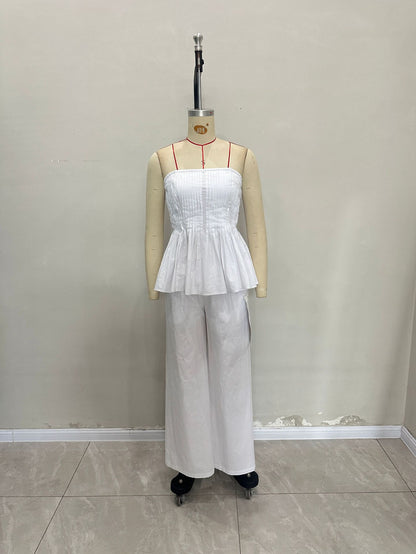 Strapless Pleated Peplum Top and Wide-Leg Trousers Suit
