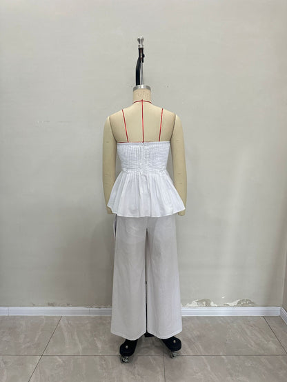 Strapless Pleated Peplum Top and Wide-Leg Trousers Suit
