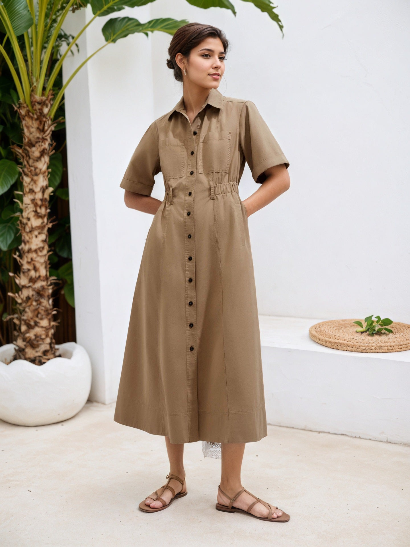 Solid Midi Shirt Dress with Short Sleeves and Belted Waist