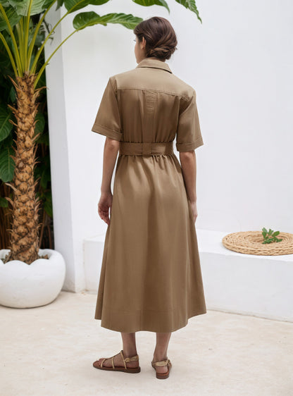 Solid Midi Shirt Dress with Short Sleeves and Belted Waist