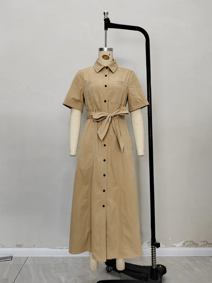 Solid Midi Shirt Dress with Short Sleeves and Belted Waist