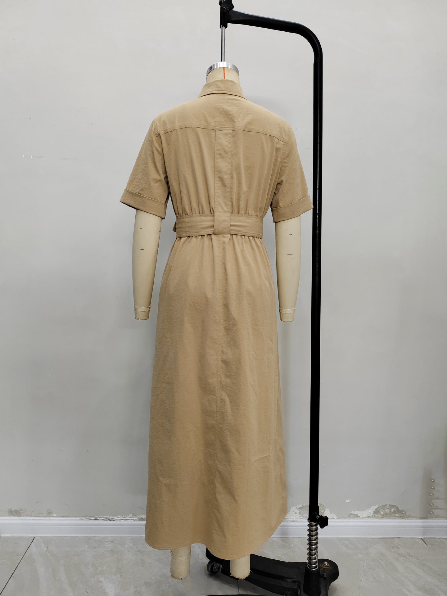 Solid Midi Shirt Dress with Short Sleeves and Belted Waist