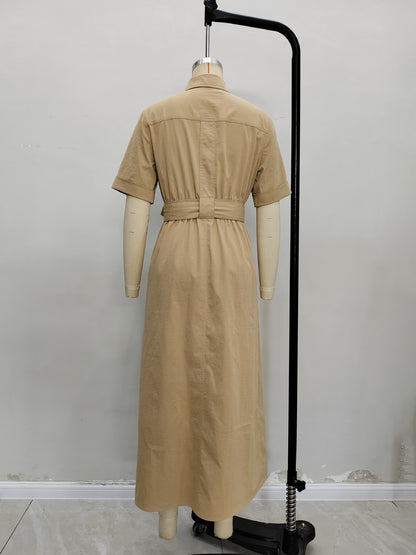 Solid Midi Shirt Dress with Short Sleeves and Belted Waist