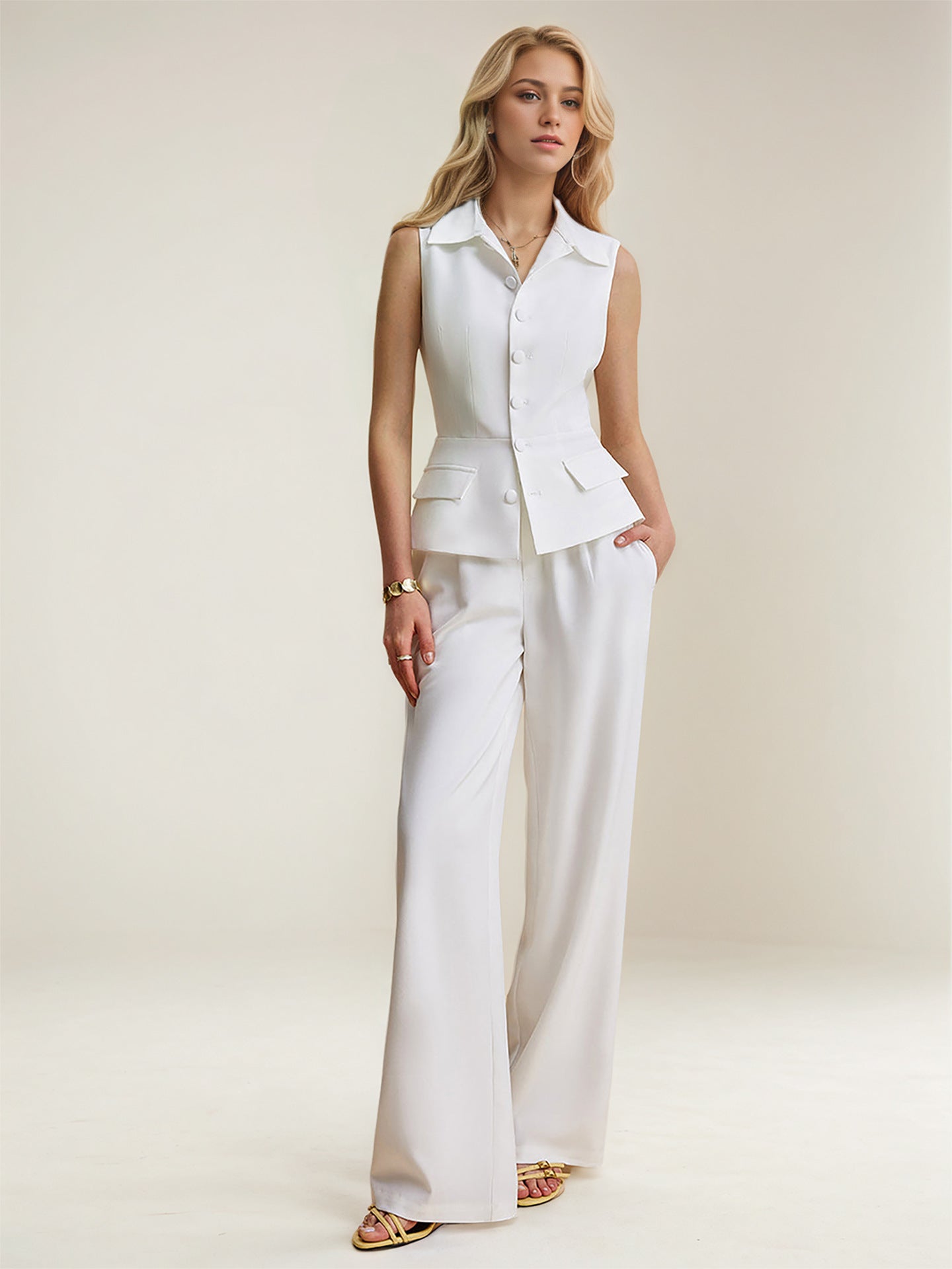 White Sleeveless Lapel Vest with Wide-Leg Trousers Set