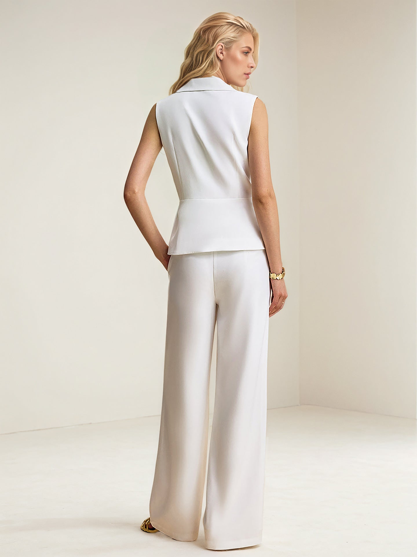 White Sleeveless Lapel Vest with Wide-Leg Trousers Set