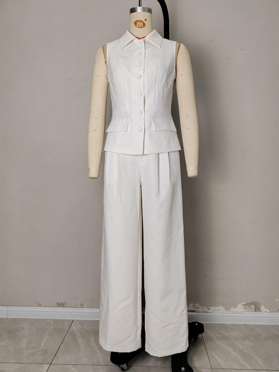 White Sleeveless Lapel Vest with Wide-Leg Trousers Set