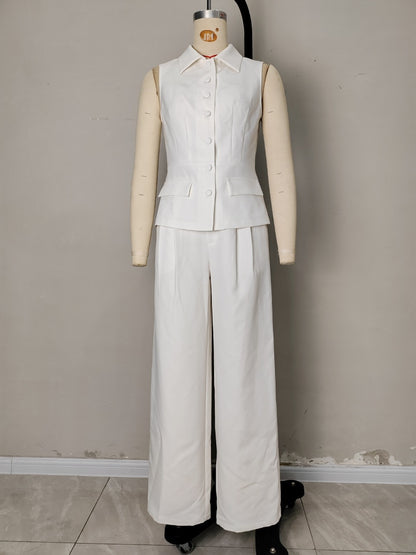 White Sleeveless Lapel Vest with Wide-Leg Trousers Set