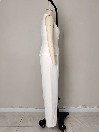 White Sleeveless Lapel Vest with Wide-Leg Trousers Set