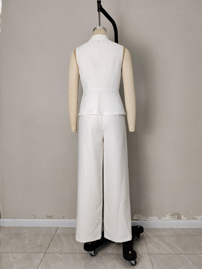 White Sleeveless Lapel Vest with Wide-Leg Trousers Set