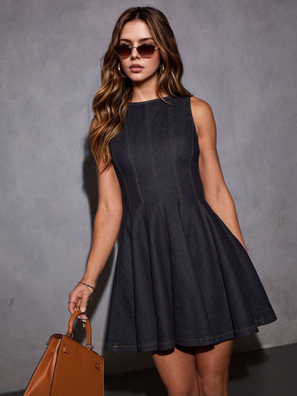 Sleeveless A-Line Mini Dress in Dark Denim-Style