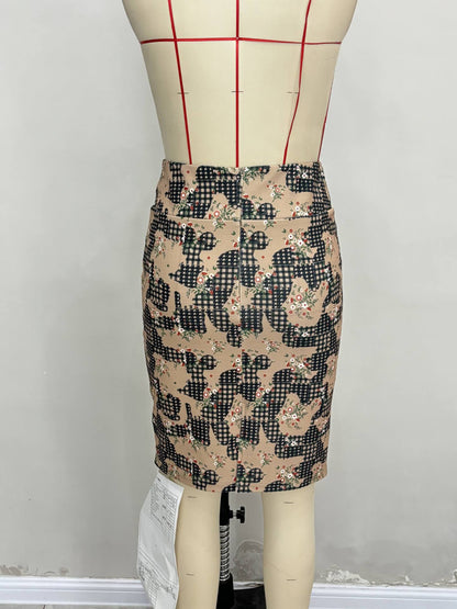 Bodycon Midi Skirt with Floral Gingham Pattern