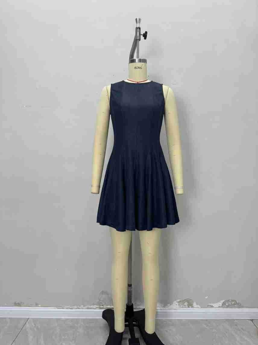 Sleeveless A-Line Mini Dress in Dark Denim-Style