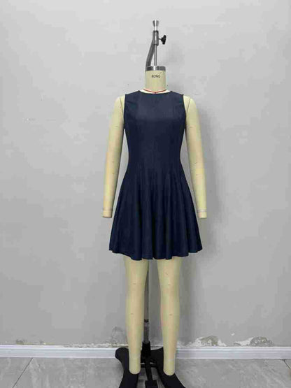 Sleeveless A-Line Mini Dress in Dark Denim-Style
