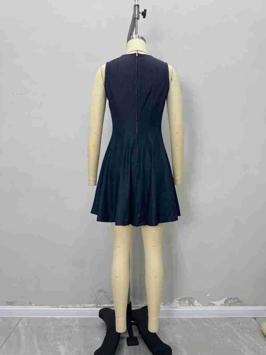 Sleeveless A-Line Mini Dress in Dark Denim-Style