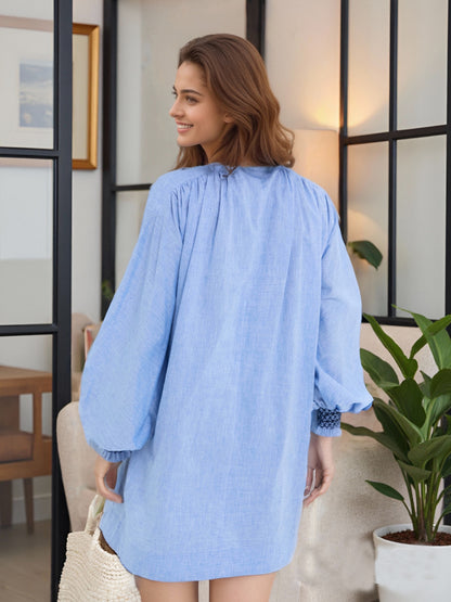 Embroidered Mini Dress with V-Neck and Puff Sleeves