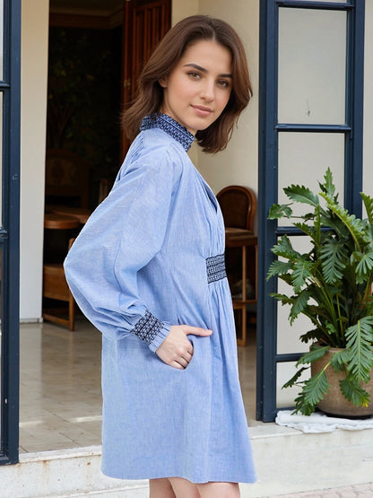 Embroidered Mini Dress with V-Neck and Puff Sleeves