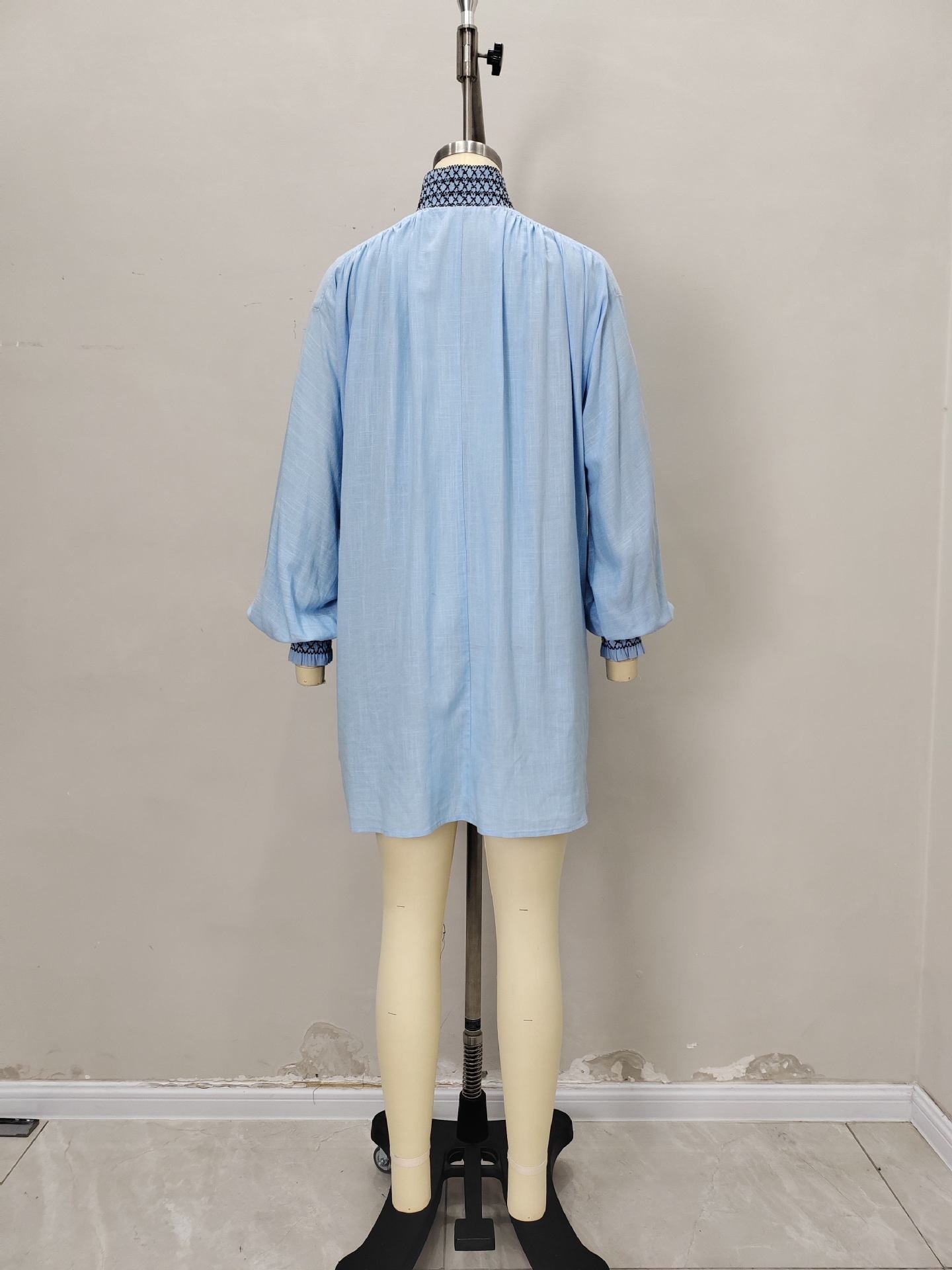 Embroidered Mini Dress with V-Neck and Puff Sleeves