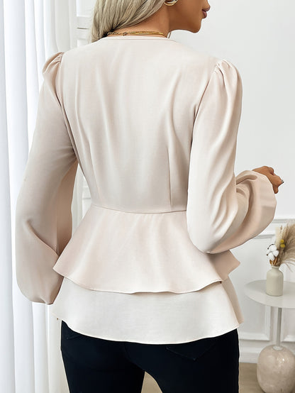 Solid Cross-Collar Peplum Top with Lantern Sleeves