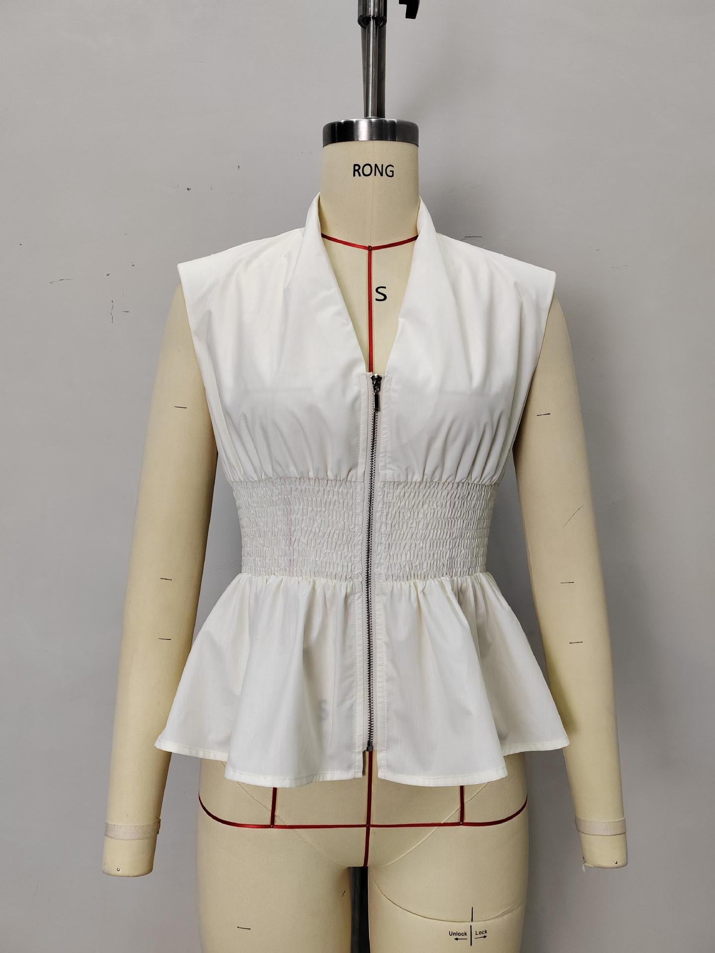 Sleeveless Peplum Top with Deep V-Neck and Front Zipper