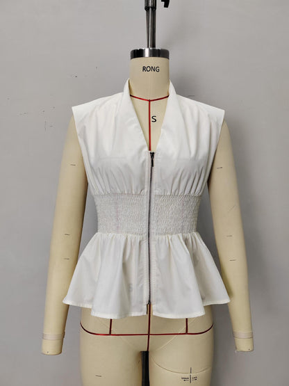 Sleeveless Peplum Top with Deep V-Neck and Front Zipper